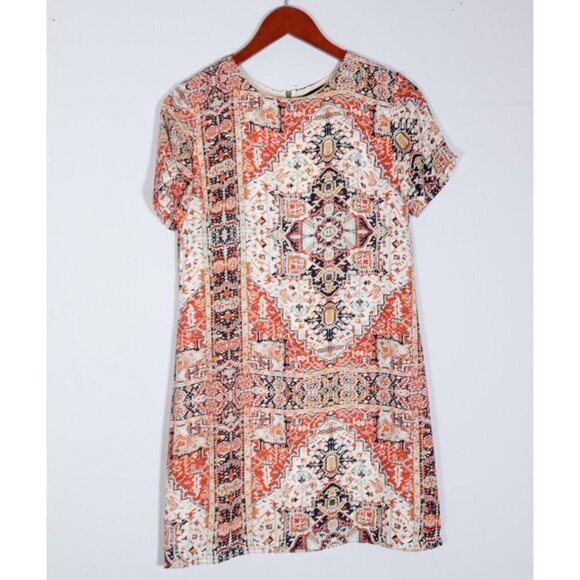 Olivaceous Women Medium Beige Orange Paisley Shirt Dress S/S Crepe Graphic Mini - Picture 1 of 7
